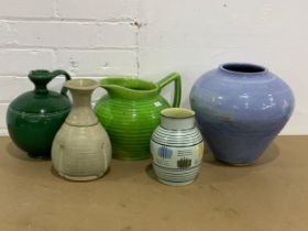 5 large vintage glazed stoneware potter jugs and vases. Largest 26x25cm