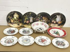 A collection of plates and a bowl. 6 Royal Doulton Christmas plates 1-6 of the full series, 21cm.