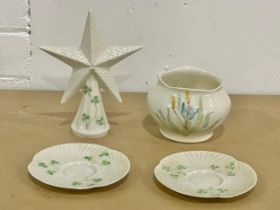 4 pieces of Belleek pottery. Christmas Star Blarney measures 15x18.5cm