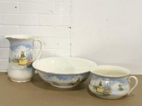 A vintage Falcon Ware 3 piece jug and bowl wash set.