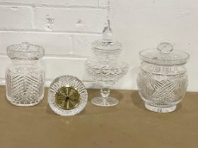 3 pieces of Tyrone crystal and an English crystal footed jar with lid. Tyrone ginger jars 14x18.5cm.