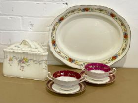 A collection of pottery. Including a large Victorian cheese dish. A Coronaware platter and 2 Royal