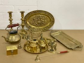 A collection of brassware. Victorian candlesticks 22.5cm