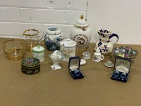 A collection of pottery and glassware. 2 Shelley sugar jars with lids. 2 pieces of Mason’s.