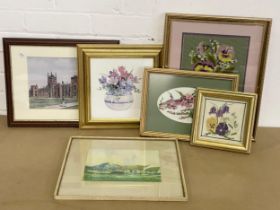 A quantity of prints and framed embroideries. Including a Maurice C Wilks print.