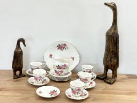 A Liverpool Road Pottery tea set and 2 wooden ducks. Largest 54cm