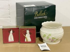 A Belleek Pottery bowl in box and 2 Belleek Living Christmas tree decorations in boxes. Bowl