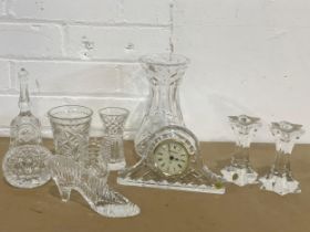 A quantity of crystal. Tyrone clock 19cm, pair of Tyrone candlesticks 11.5cm