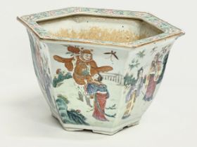 A large mid to late 19th century Chinese hexagon hand painted porcelain jardiniere. 35x30.5x21cm.