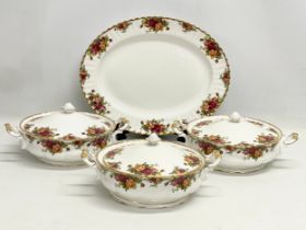 3 Royal Albert ‘Old Country Roses’ tureens with lids and a meat platter. Tureens 29x23cm. Platter