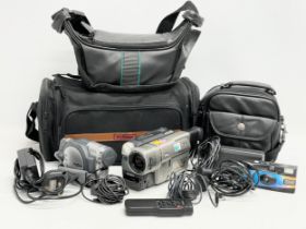 2 cameras with accessories and bags. A Sony NP-F550 Handycam Vision. A Hitachi Multi Format DVD cam.