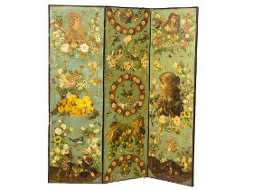 A late 19th century double sided painted and patchwork room divider screen. Circa 1870-1890.