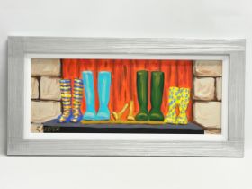 A large oil painting on board by Ron Keefer. Welly Boots. New frame. 74.5x29cm. Frame 91x45.5cm