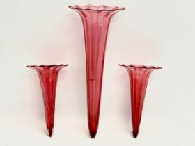 3 Victorian Ruby Glass epergne vases. Largest 30cm