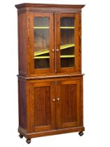 A large Victorian pitch pine kitchen dresser with brushing slide and glazed doors. 109x47x228cm