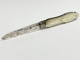 A Victorian silver and Mother of Pearl fruit knife. 15.5cm open.
