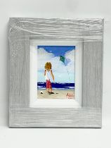 An oil painting on board by Michelle Carlin. Girl With Kite. New frame. 11.5x16.5cm. Frame 28x32.5cm