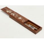 A Chinese rosewood and Mother of Pearl chopsticks and case. 26.5cm
