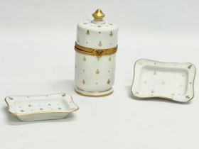 3 pieces of Limoges Peint Main (hand painted) porcelain. A cylinder trinket box 13cm, and a pair