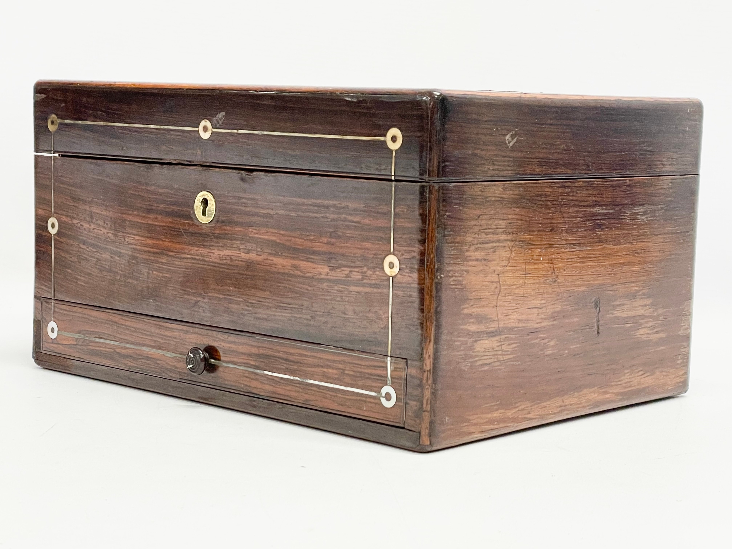 A Victorian rosewood vanity box with Mother of Pearl inlay and cut glass bottles with silver - Image 8 of 11