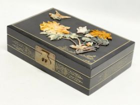 A Japanese hand painted lacquered jewellery box with soapstone mouldings. 28.5x18.5x8cm
