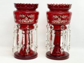 A pair of large Victorian hand painted Ruby Glass lustres. 19x36.5cm