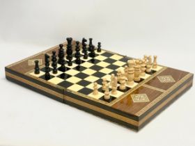 An inlaid chess set by V. Molero. Open 55x36x5.5cm. Closed 36x27.5x10cm.