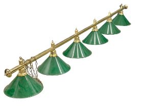 A large brass snooker table canopy light with metal shades. 325cm