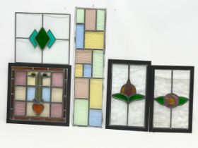 5 vintage stained glass panels. Largest 20.5x77cm. Largest framed 41x39.5cm. 27x44.5cm