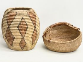 A vintage Zulu Ukhamba basket and an Africa tribal carrying basket. 39x41cm