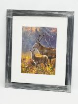 An oil painting on board by Donal McNaughton. Stags. New frame. 29x39cm. Frame 56x66cm