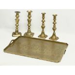 A good quality vintage brass Chinese style tray and 2 pairs of Victorian brass candlesticks. Tray