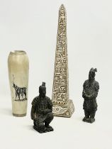 A sundry lot. A large Egyptian marble Obelisk 44.5cm, 2 Chinese Terracotta soldiers and an African