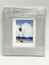 An oil painting on board by Michelle Carlin. Young Boy Fishing. New frame. 11.5x16.5cm. Frame