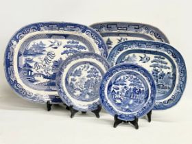 A collection of Victorian blue and white dinner ware. 3 large meat platters, 2 largest 46x37.5cm.