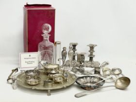 A Wedgwood Royal Wedding Decanter with box and a collection of silver plate.