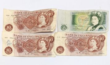 4 vintage bank notes including Ten Shillings & 1 pound
