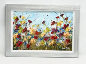 A large acrylic oil painting on board by Lorna Millar. Wild Flowers. New frame. 74.5x49cm. Frame