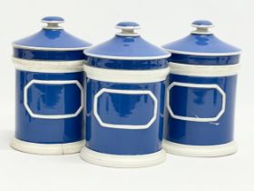 A set of 3 large late 19th century pharmacy apothecary jars with lids. 12.5x20cm