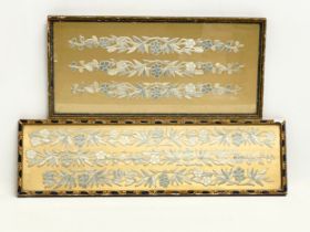 A pair of early 20th century framed embroideries on gold paper backs and gilt frames. 48x14cm.