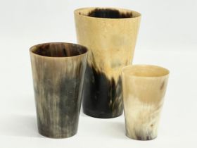 3 19th century Horn cups with glass bases. Largest 8x13cm