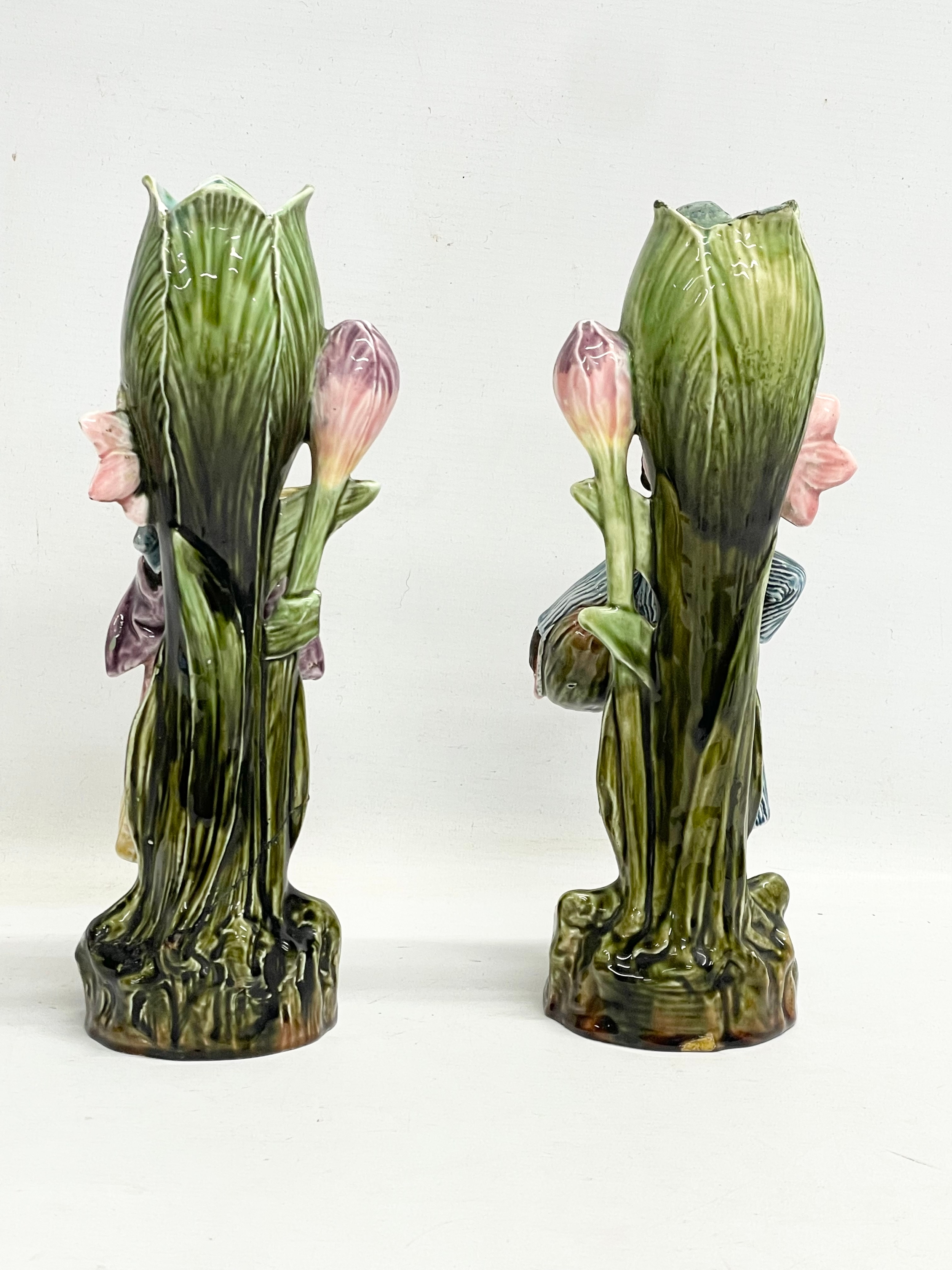A pair of late 19th century French Barbotine Majolica figures. 6614. 30cm - Image 5 of 8
