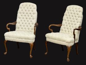 A pair of good quality George I style deep button armchairs on cabriole legs. 67x62x109cm