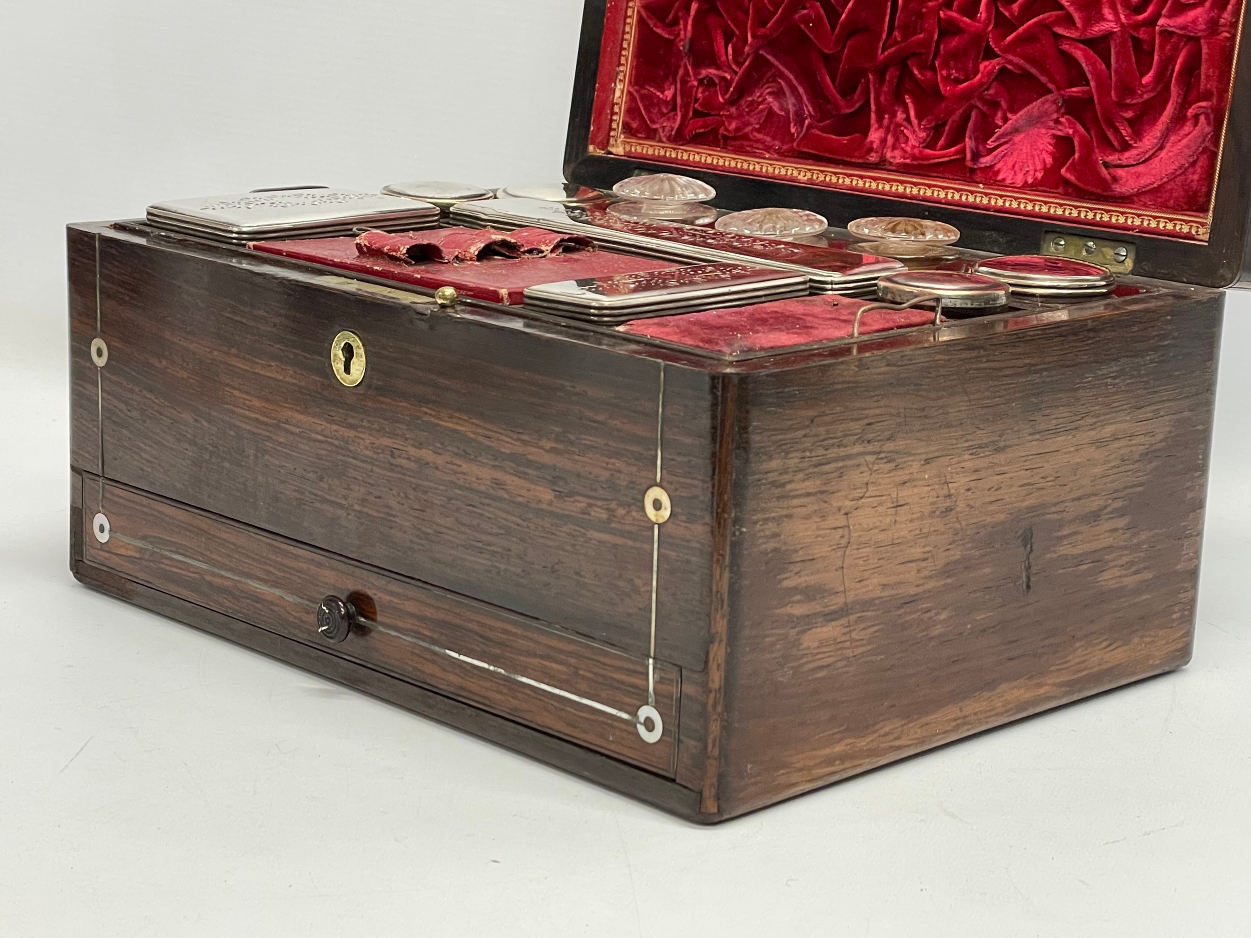 A Victorian rosewood vanity box with Mother of Pearl inlay and cut glass bottles with silver - Image 11 of 11