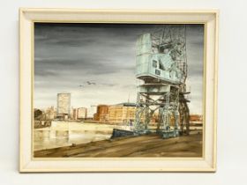 An oil painting on board of a dock scene. 49x39cm. Frame 57x47cm