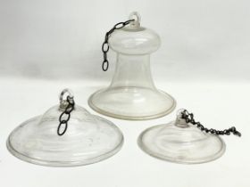 3 Victorian glass oil lamp smoke bells. Largest 24x25cm. 25.5x11cm. 19.5x7cm