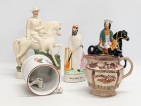 Sundry lot of Victorian pottery including a large Staffordshire frog tankard, luster jug and 3