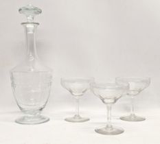 A vintage etched glass drinks set. Decanter measures. 33cm