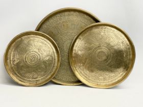 3 late 19th century Indian brass trays. Largest 46cm