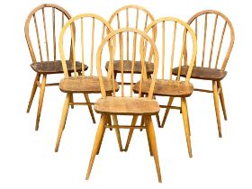 A set of 6 Ercol blonde Elm and Beech dining chairs. Model 400.